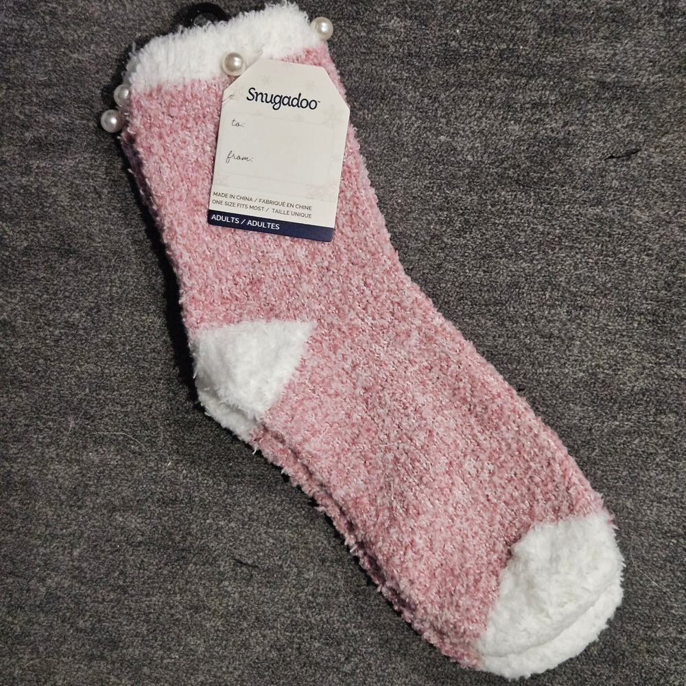 Snugadoo Pink Fuzzy Cozy Soft Slipper Socks White Pearl Trim One Size NWT